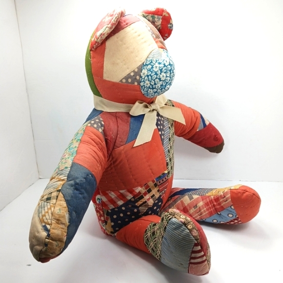 ANTIQUE HANDMADE Crazy Patchwork Fabric Stuffed Teddy Bear Freshly Dry Cleaned - Picture 5 of 11